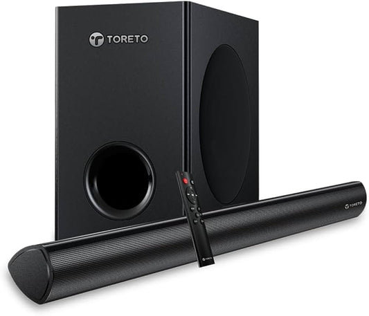 Toreto Harmony 100W Soundbar with Wired Subwoofer, 2.1 Channel, Bass Blast, Bluetooth 5.3v, EQ Modes, Aux in, Optical in, USB Drives & Remote Control - Black